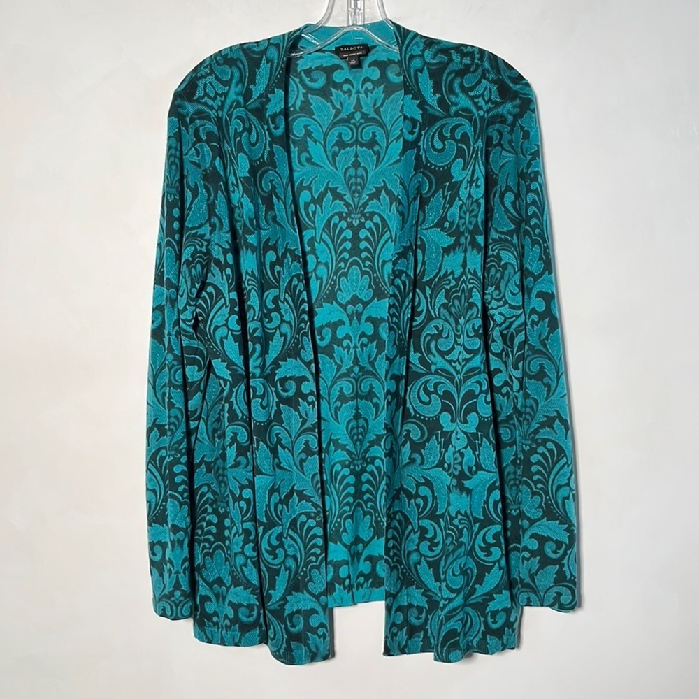 Talbots Merino Wool Open Front Teal/Evergreen Scr… - image 1